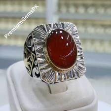 Natural 14 Carat Yemeni Brown Aqeeq Mens Ring Sterling Silver 925 Handmade