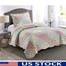 Floral Patchwork Twin Quilt Set W/ Pillow Sham Lightweight Soft Microfiber Pink