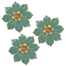 Metal Flowers Wall Decor Set of 3, Green  Gold 3D Floral Metal Wall Art Deco...