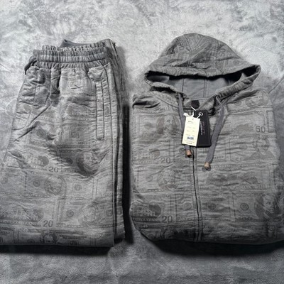 Vintage Y2K PWT Classic Track Suit Mens 2XL Gray Money Graphic Hoodie Jogger NWT
