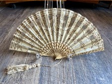 Antique French Belle  poque Fan ca. 1900   Silk, Bone, Sequins  Tassel