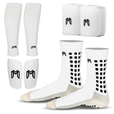 Soccer Grip Socks, Shin Guards, Pre-Cut Sock Sleeves, and Guard Straps Bundle...