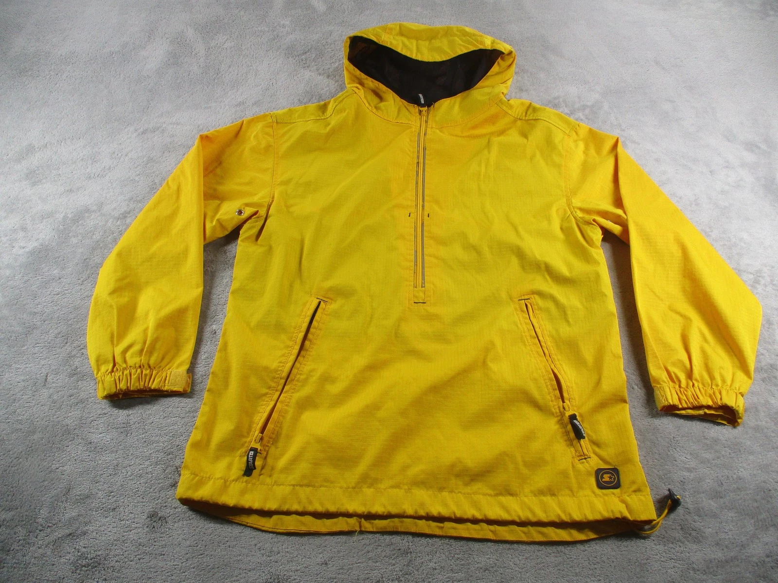 Starter Jacket Mens Small Yellow Hooded 1/4 Zip Pullover Windbreaker Pockets