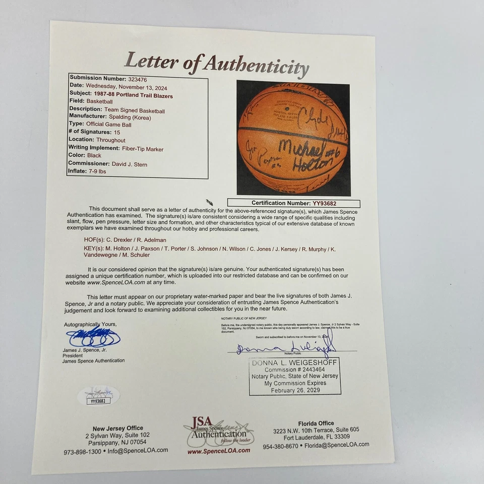 1987-88 Portland Trail Blazers Team Signed Game Used Spalding Basketball JSA COA - Image 2 of 4