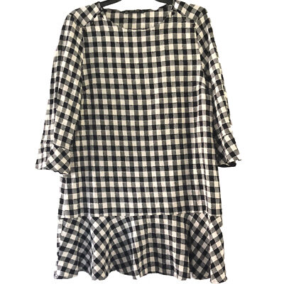 Zara Basics Dress Women's L Gingham Black White Bell Sleeve Button Detail Mini