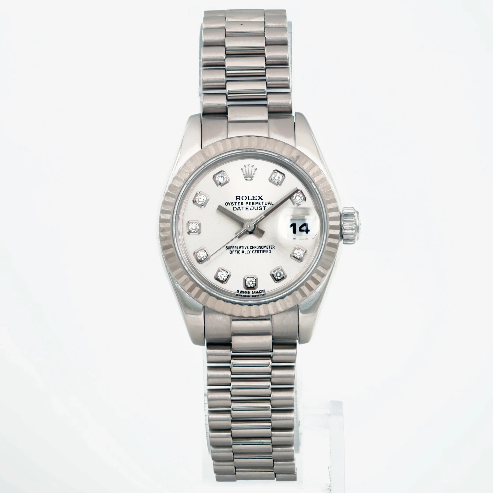 Rolex Datejust President 18K White Gold Silver Diamond Dial Ladies Watch 179179