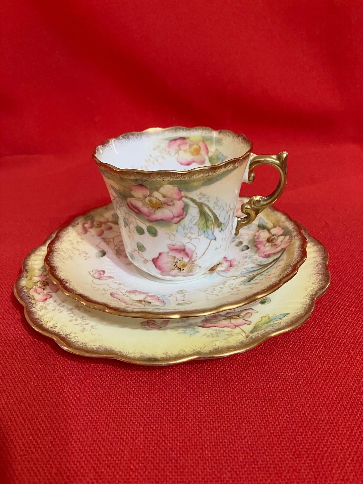 c 1892 Redfern and Drakeford hand painted scalloped tea trio, pattern #2222, #2
