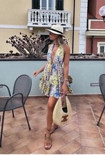 ZARA COTTON FLORAL PATCHWORK SHORT HALTER BACKLESS SWING TEA DRESS NEW SIZE M