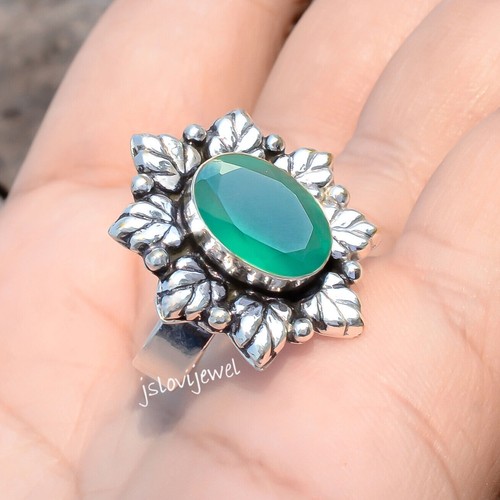 Bague En Argent 925 Et Onyx Verte Taille 7 - Fait Main En Inde, Pierre Naturelle En Forme De Poire