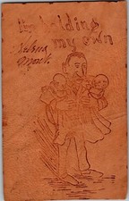 Leather, Man Holding Twin Babies, I'm Holding My Own Vintage Postcard E69