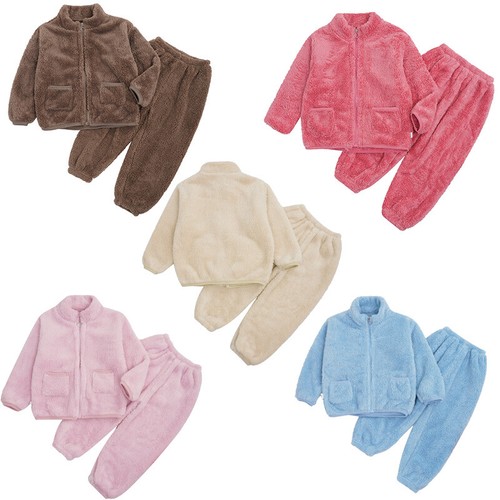 Unisex Kids Outfits Solid Color Sleepwear Tops Set With Pants Elastic Waistband - Picture 3 of 53