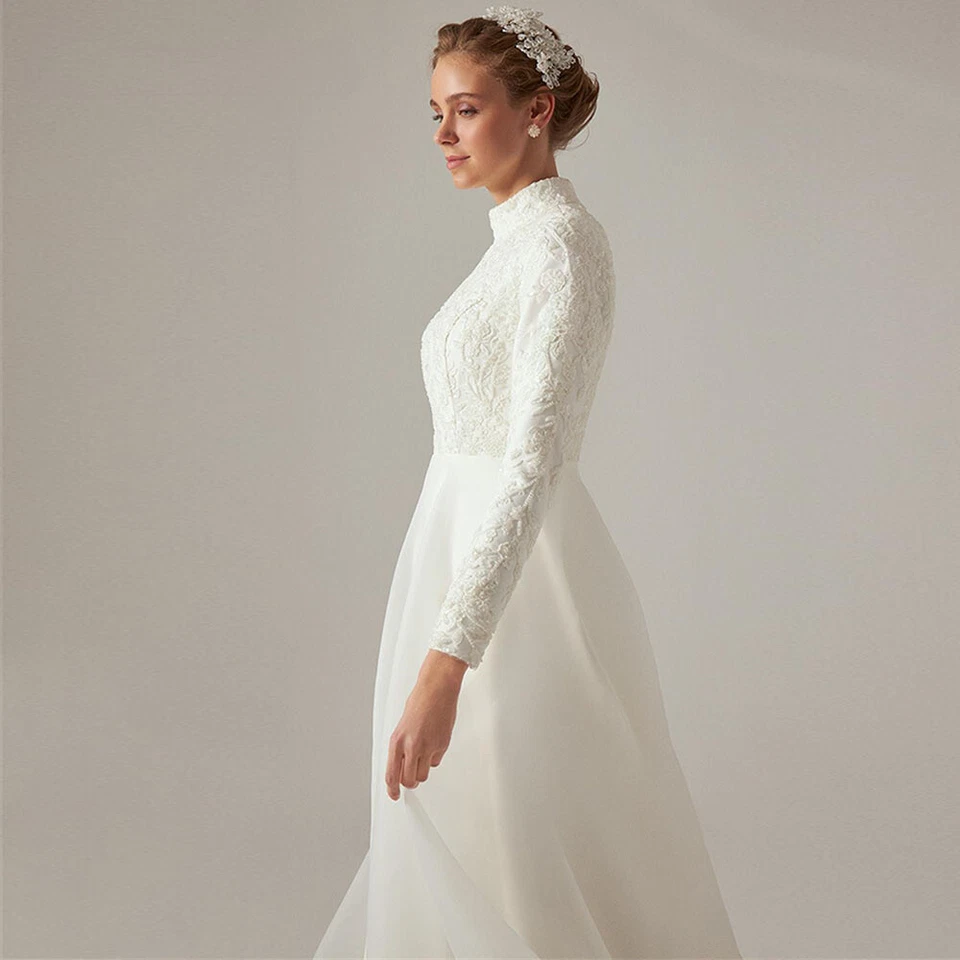 Elegante Vestidos de Novia Musulmanes Cuello Alto Mangas Largas Apliques de Satén Vestido de Novia Foto 4 de 4