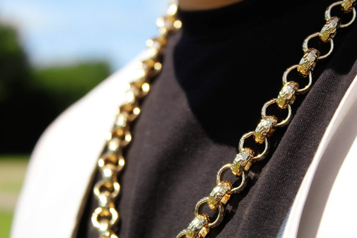 Heavy Gold 12mm 18K GF Diamond Cut Pattern Belcher Chain Boys Men Chunky Gents
