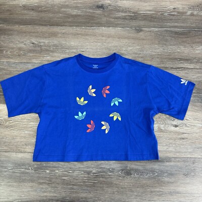 Adidas Girl Shirt Short Sleeve Cropped Tee Blue Graphic HE4775 11-12Y Trefoil