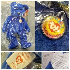 New In BAG RARE Retired TY Beanie Babies Clubby Official Club Bear Royal Blue'98