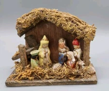 Nativity Manger Scene Set w Ceramic Figurines Wooden Stable Jesus Infant Baby