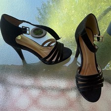 Women's Black Textile Strappy Open Toe Ankle Strap Stiletto Buckle Heel 6M