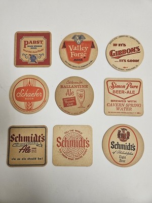 Lot Of 9 Vintage Beer Coasters Schmidts, Pabst,Gibbons, Ballantine, Valley Forge