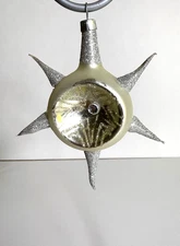 Rare De Carlini Indented Starburst Blown Glass Ornament White and Silver