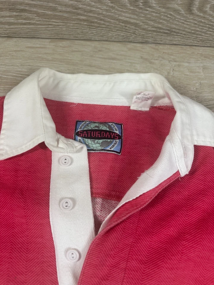 SATURDAYS Vintage Mens Long Sleeve 80s 90s Stripe Rugby Blue White Pink Large* - Image 4 of 4