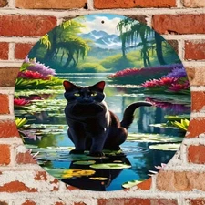 Black Cat Sitting on Lily Flower Round Aluminum Wall Decoration- 2D Flat Paintin