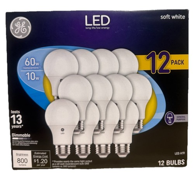#ad GE LED Soft White Dimmable A19 Light Bulbs 10 Watt 60w Replacement 12 Pack $12.50