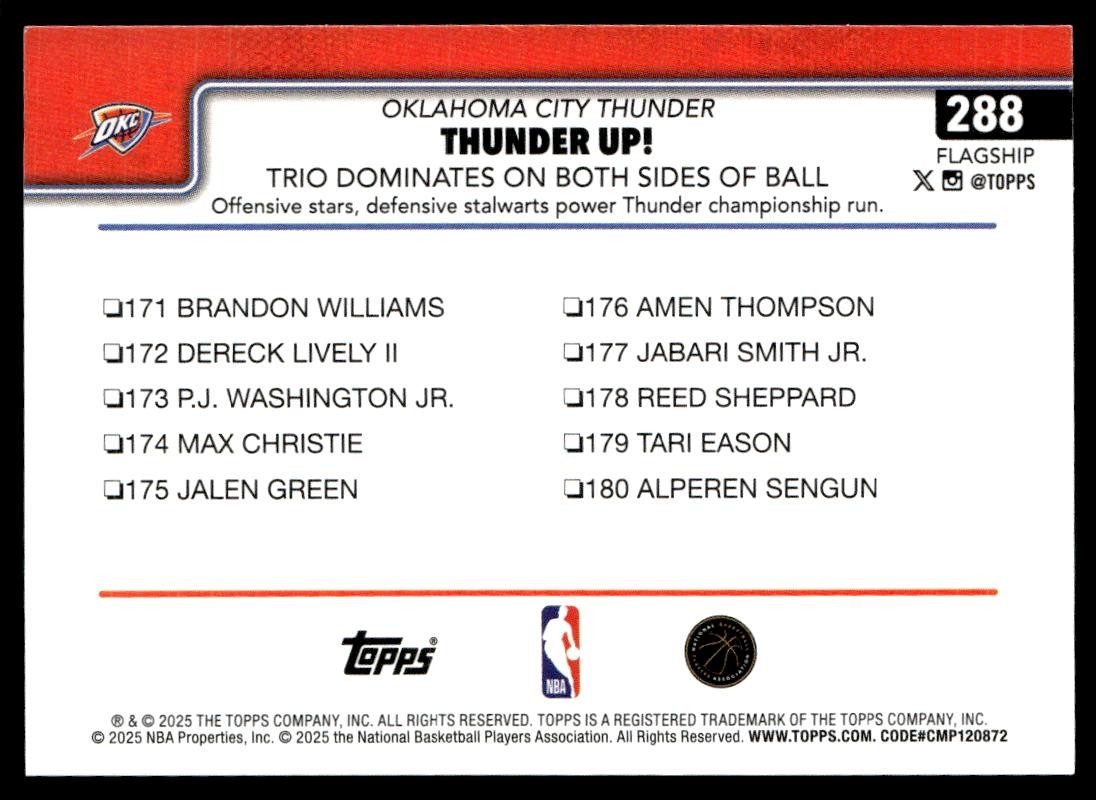 2025-26 Topps Basketball #288 Thunder Up!: Trio Dominates On Both