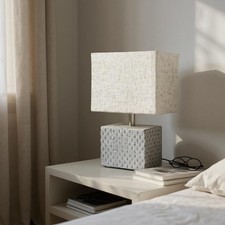 Stylish Cream Cement Table Lamp with Fabric Shade – Compact Lighting for Bedroom