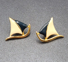 Vintage Pierced Earrings Gold Plated White Blue Enamel Sailboat Nautical 1"