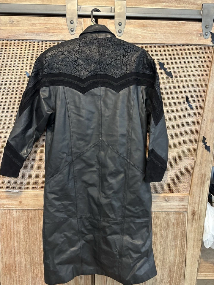 Vintage Winlit Leather Trench Coat Womens Large Black Paisley Embossed 80s 90s - Image 2 of 4
