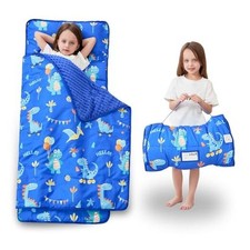 Toddler Nap Mat with Pillow and Blanket, Extra Large Rolled Blue Dinosaurs