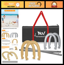 Outdoor Horseshoe Game Set - 4 Steel Horseshoes, 2 Metal Stakes, Carry Bag - Law