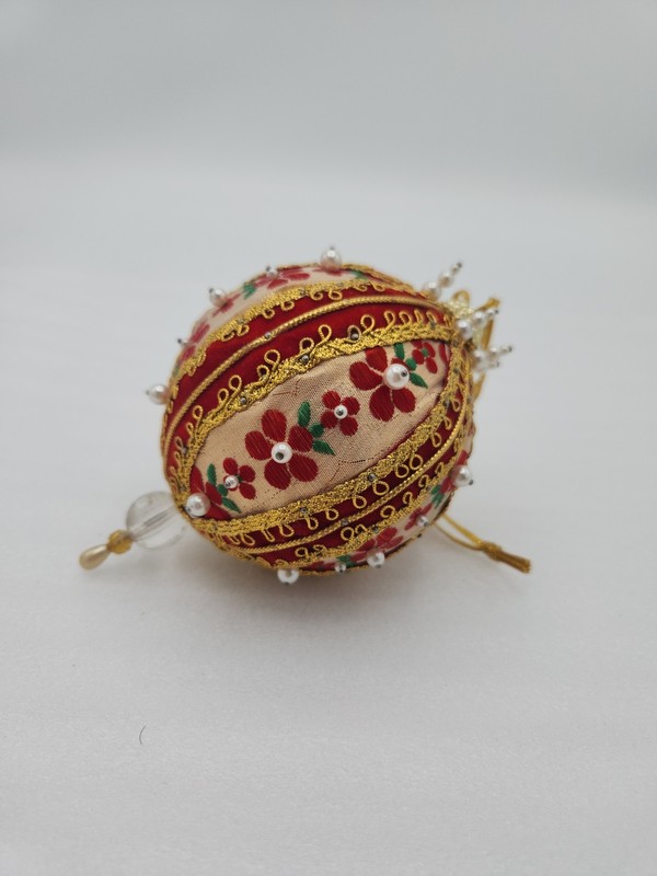 Vintage Handmade Red & Gold Ribbon & Pearl Christmas Ornament