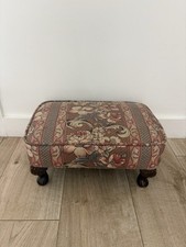 Vintage Footstool Floral Upholstery Wooden Bun Feet Queen Anne Style