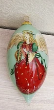 Pier 1 Hand Painted Li Bien Glass Teardrop Ornament 2018 Angel W/ Harp & Dove