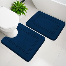 2 PCS Memory Foam Bath Mat Set NonSlip UShape Machine Washable Dark Blue