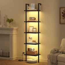 5 Tier Ladder Shelf with Light, Wooden Wall Mounted Book Shelf, Ladder Booksh...