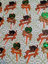 16 Vintage Halloween Cupcake Picks Black Cat Jack-o'-lantern