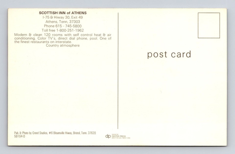 Athens TNTennessee, Scottish Inn of Athens, Advertising, Vintage