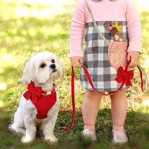 3pcs Cute Bow Tie Dog Collar & Harness & Leash Soft Mesh Walking Vest Adjustable - Picture 6 of 60