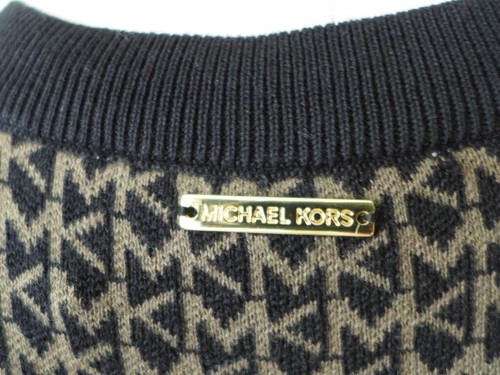 MICHAEL KORS MK Print Logo Sweater Crew Neck Knit Black Army green Size S - Picture 2 of 9