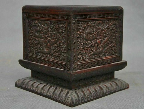 Caja de sellos antiguos de 5 dragones tallados a mano de madera china Huanghuali de 6" - Imagen 3 de 12