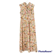 Vintage House Dress Peach Floral Sleeveless Ruffled Neck Mod Hippie Maxi Size 8