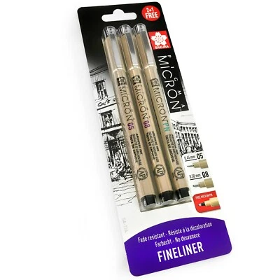 3 x Sakura Pigma Micron - Pigment Fineliner Pens - 0.5/0.8mm/PN - Black Ink