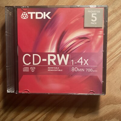 TDK CD-RW Rewritable Data CD's 1x-4x, 700MB 80 min Lot of 5 Factory sealed