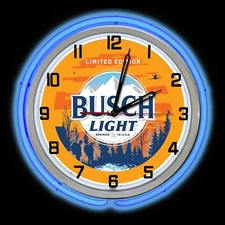 BUSCH Light Beer Sign Hunting 19" Blue Double Neon Clock Garage Man Cave
