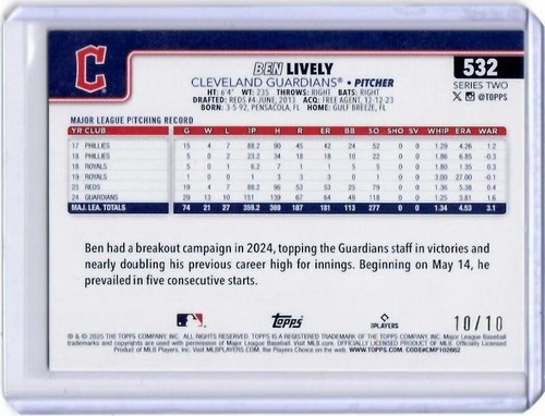 2025 Topps Series 2 Ben Lively Black Foil Insert Card 10/10 Cleveland Guardians - Picture 2 of 2