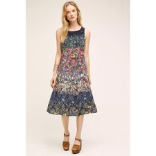 Maeve Anthropologie Lakespur Midi Dress Navy Blue Floral Silk Sleeveless Size 8