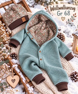 Wollwalkanzug Gr 68 mit passender Mütze mit Blümchen Neu Handmade