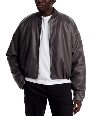 Stampd Faux Leather Oversized Cropped Bomber Jacket Men's L Charcoal Zip Closure